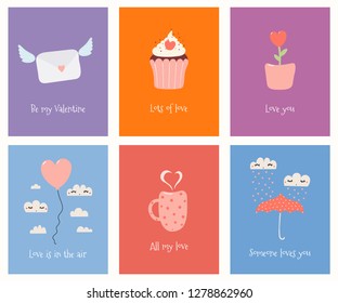 Set of cute Valentines day cards with umbrella, balloon, mug, cupcake, flower pot, love letter, text. Hand drawn vector illustration. Scandinavian style flat design. Concept for children print.