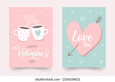 Set of cute Valentine's Day cards with mugs and hearts. Vector illustration.