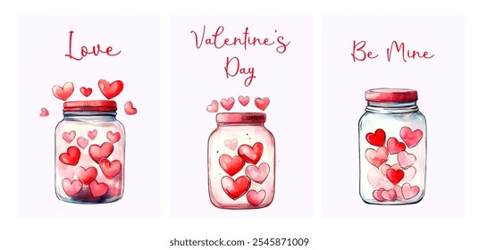 Conjunto de tarjetas lindas del día de San Valentín. Tarjetas de acuarela con tarros de vidrio con corazones. Concepto de amor y sentimientos. Feliz día de San Valentín. Ilustración vectorial.