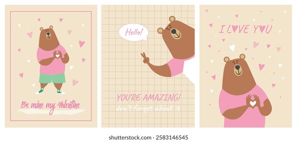  Set of cute Valentine's Day cards in pastel colors. Colored vector illustration with bears. Love messages for loved ones. Vector illustration