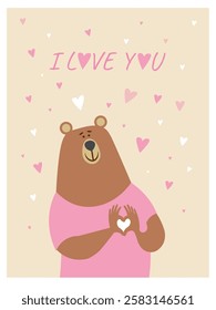  Set of cute Valentine's Day cards in pastel colors. Colored vector illustration with bears. Love messages for loved ones. Vector illustration