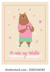  Set of cute Valentine's Day cards in pastel colors. Colored vector illustration with bears. Love messages for loved ones. Vector illustration