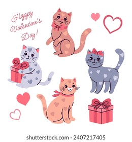 Conjunto de lindos gatos del día de San Valentín con manchas en forma de corazón. Gráficos vectoriales.