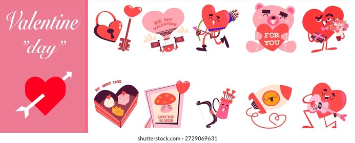 Conjunto de lindos personajes de San Valentín y pegatinas románticas. Con Cupido, ángeles, corazones, flores, una abeja y un dinosaurio. Ilustración vectorial plana para las tarjetas de felicitación del 14 de febrero.