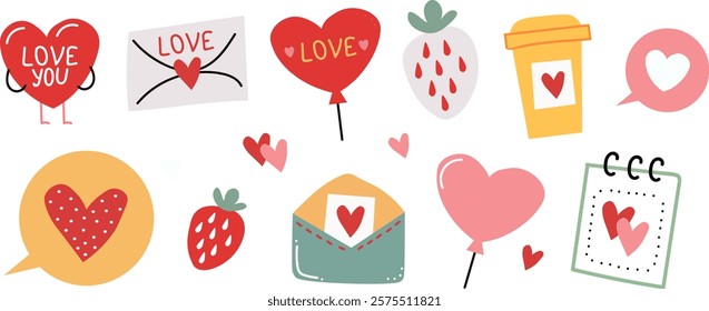 Set of cute Valentine's Day clip art. Hearts, love notes, balloons, strawberries, coffee cup, envelope, speech bubbles, romantic calendar. Hand-drawn flat vector illustrations for cards and art.