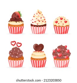 Set of cute Valentine's day cupcake icon. Cartoon illustration of sweet muffins decorated with a cream and hearts. Vector 10 EPS.