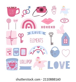 Set of cute Valentine's Day elements. Hearts, love, lettering, romance. Flat cartoon vector illustration. Isolated on a white background.
