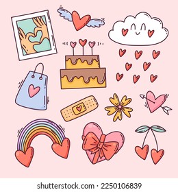 Set of cute Valentine's Day elements, cute cartoon hand drawn style