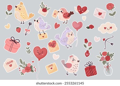 A set of cute Valentine's Day elements, stickers. Hearts, flowers, birds . Vector illustration for your design