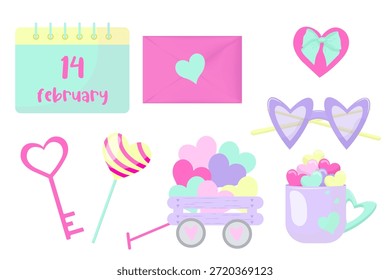 Conjunto de lindos iconos vectoriales planos de San Valentín en colores pastel con un calendario del 14 de febrero, gafas de corazón, sobres, llave de amor y una taza de corazones sobre un fondo blanco.