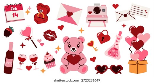 Set of cute Valentine's Day flat vector icons featuring a teddy bear, hearts, letters, and gifts, ideal for romantic cards, holiday decorations, and social media celebration graphics.