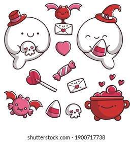 Set of cute Valentines day ghosts and creatures isolated on white background