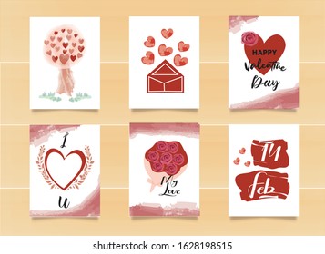 Set of Cute Valentine's day greeting cards with hand written greeting lettering and watercolor style brush on Red background. Rose,sticker,heart shape