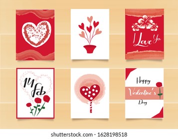 Set of Cute Valentine's day greeting cards with hand written greeting lettering and watercolor style brush on Red background. Rose,sticker,heart shape