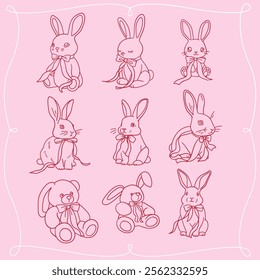 Set of Cute Valentines day holiday bunnies with bows and ribbons. Vector linear hand drawn illustration. Isolated elements in style of free hand doodles. animal for design, decor, greeting cards