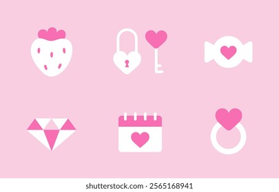 Set of Cute Valentine's Day Icons. Strawberry, Cupcake, Calendar, Diamond, Heart Ring. Collection of pink icons, stickers in romantic concept. Vector illustration in flat style