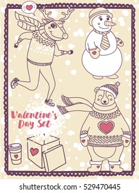 set of cute valentine's day illustrations: deer, snowman and bear, vector collection