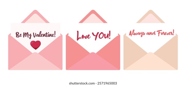 Set of cute Valentine's day mail letters. Romantic letters with open envelope and heart. Postal Love letters envelope. Love and Valentine's day concept.