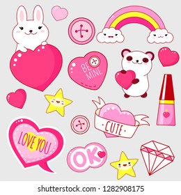 Set of cute Valentine's day party icons in kawaii style. Bunny and panda with heart, gift, diamond, rainbow, sticker with inscription I love you, cute, be mine. EPS8