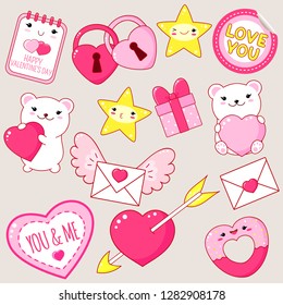 Set of cute Valentine's day party icons in kawaii style. Polar bear with heart, gift, heart shaped lock and donut, heart pierced by an arrow, sticker with inscription love you. EPS8