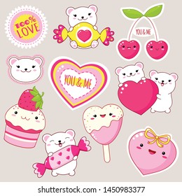 Set of cute Valentine's day party icons in kawaii style. Polar bear with heart, candy, cupcake with strawberry, heart shaped ice cream, sticker with inscription 100% love. EPS8