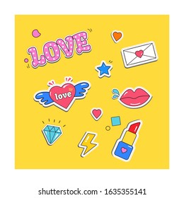 Set of cute Valentine's day party icons in kawaii style. Isolated vector icons set.