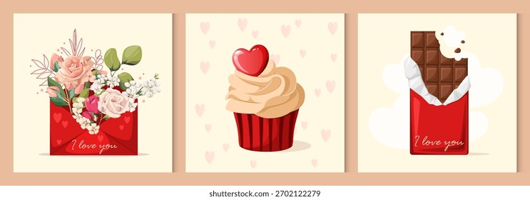 Un conjunto de carteles lindos del día de San Valentín. Vector.
