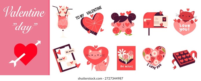 Conjunto de iconos lindos de la etiqueta engomada del día de San Valentín. Incluye corazones, personajes románticos, cartas de amor, caja de chocolate y gatos. Ilustración vectorial plana para tarjetas de felicitación y carteles del 14 de febrero.