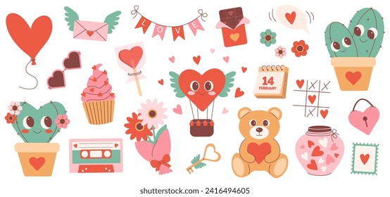 Set of cute valentines day stickers. Hearts, cupcake, flowers, cactus, bear, sweets and other romantic elements. Vector illustrations for greeting cards, banners, posters, planners