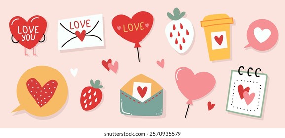 Set of cute Valentine's Day stickers. Hearts, love notes, balloons, strawberries, coffee cup, envelope, speech bubbles, romantic calendar. Hand-drawn flat vector illustrations for cards and art. 