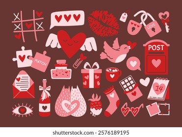 Set of cute Valentine's Day stickers in pastel pink and red. Vector illustrations in doodle style. Simple shapes, fill and lines. Love, romance, February 14, couple in love, sweets and gifts.