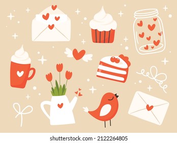 Set of cute Valentine's day vector elements - love letter, jar with hearts, flowers, cupcake, piece of cake, bird, coffee mug. Romantic clipart for wedding, birthday or anniversary cards, invitations