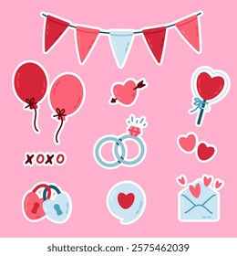 A set of cute Valentine's Day-themed stickers, including hearts, balloons, and romantic icons. Perfect for decorating cards, gifts, or social media posts