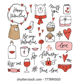 Set of cute Valentines doodle sketches. Wedding clip-arts of bears, dove, glass of wine, lips, envelope and hearts. Simple design. Isolated hand drawn vector objects. 