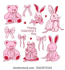 Set of cute Valentines doodles - coquette bunnies and teddies with vintage silk bows. Teddy bear, pink rabbit, wedding cake with ribbons. Linear hand drawn vector illustration.