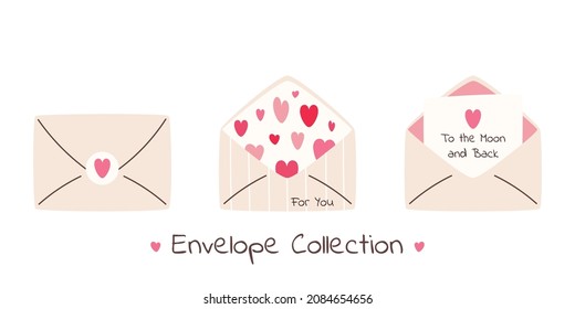 Set Of Cute Valentine's Envelope With Pink And Red Hearts.Romantic Postcard For Lovers. Valentine's Day Vector Illustration For Design. Open And Closed Envelope. Isolated On White. 