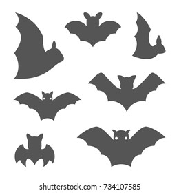 Set of cute vampire bat in flat style including front, side view of silhouette symbol icon. October Halloween celebration concept. Vector illustration