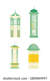Set von scharfen Variationen von Vintage Poster steht auf isoliertem Hintergrund. Außen. Schönes Stadttheater und Filmvorführungen. Pastellfarben.