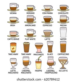 Set of cute various beverage icons. Flat design vector illustration. Colorful coffee icon isolated on white background.
