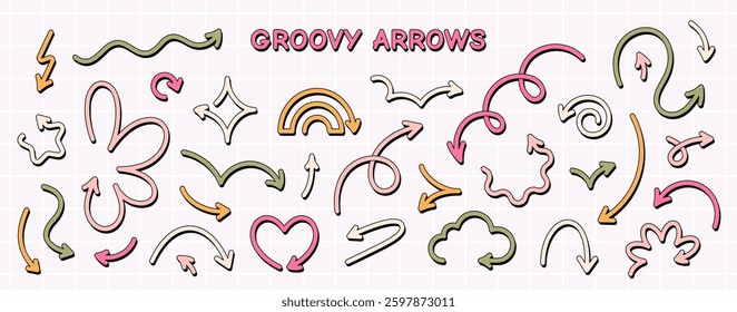 Set of cute various colorful arrows in cartoon groovy style. Vector curvy and wavy arrows.