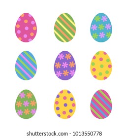 set of cute various colorful painted easter eggs decorated stripes, dots and flowers, flat vector icon