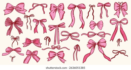 Set of cute various coquette bows, gift ribbons. Trendy hand drawn bow, Whimsical style. Fashionable vector illustration. Isolated girly vintage accessories. Cute hairstyle elements collection
