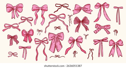 Set of cute various coquette bows, gift ribbons. Trendy hand drawn bow, Whimsical style. Fashionable vector illustration. Isolated girly vintage accessories. Cute hairstyle elements collection