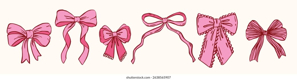 Set of cute various coquette bows, gift ribbons. Trendy hand drawn bow, Whimsical style. Fashionable vector illustration. Isolated girly vintage