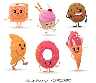 Set of cute various dessert characters with smiling face on white background. Ice cream, donut, cupcake, waffle, croissant, cookies. Vector illustration