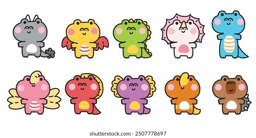 Set of cute various dinosaur.Dino.Jurassic.Wild animal character cartoon design.Kid graphic.Hand drawn.Kawaii.Vector.illustration. 