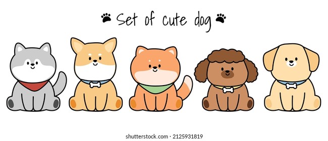 Set of cute various dog cartoon sitting on white background.Animals character design.Pets collection.Siberian,corgi,shiba inu,shih tzu,labrador.Kawaii.Vetor.Illustration.