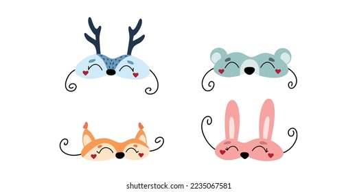 Set of cute various New Year party costume masks. Fun design. Collection of hand drawn vector Christmas carnival accessory for packaging, print, card, fabric, label, wallpaper, textile, wrapping paper