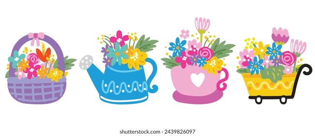 Set of cute various object with flower in line hand drawn.Spring.Flower.Blooming.Basket,watering plant,coffee cup,trolley drawn design.Kawaii.Vector.Illustration.