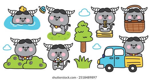 Set of cute various poses buffalo with nature.Farm truck,butterfly,tree,flower,duck hand drawn.Wild animal character cartoon design.Baby graphic.Kawaii.Vector.Illustration.